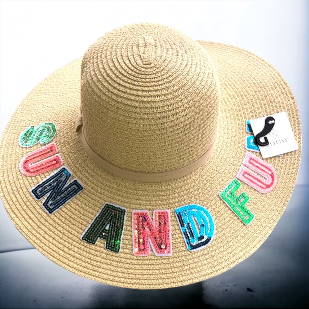 SUN AND FUN LARGE FLOPPY RHINESTONES STRAW HAT Novelty Hat